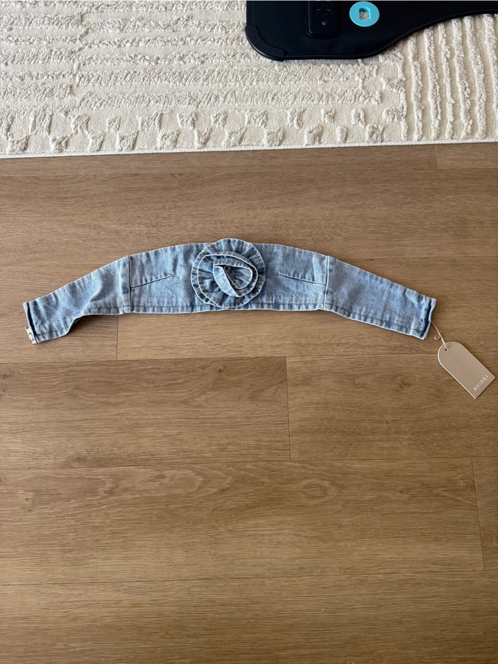 Meshki Light Blue Denim Off-Shoulder Crop Top